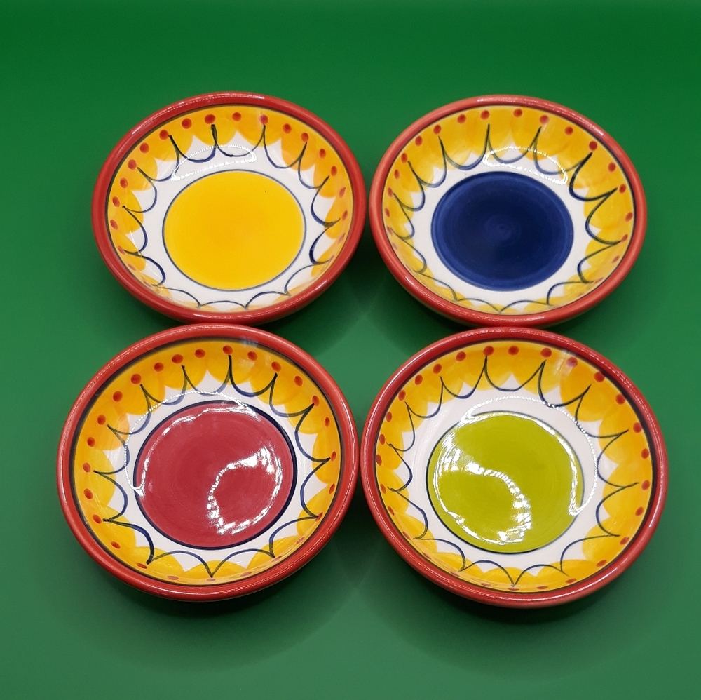 Pier 1 finger dipping sauce bowls set of 4 green blue yellow festive colors